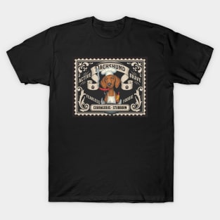 Funny Doxie dog grilling a hot dog on vintage stamp design T-Shirt